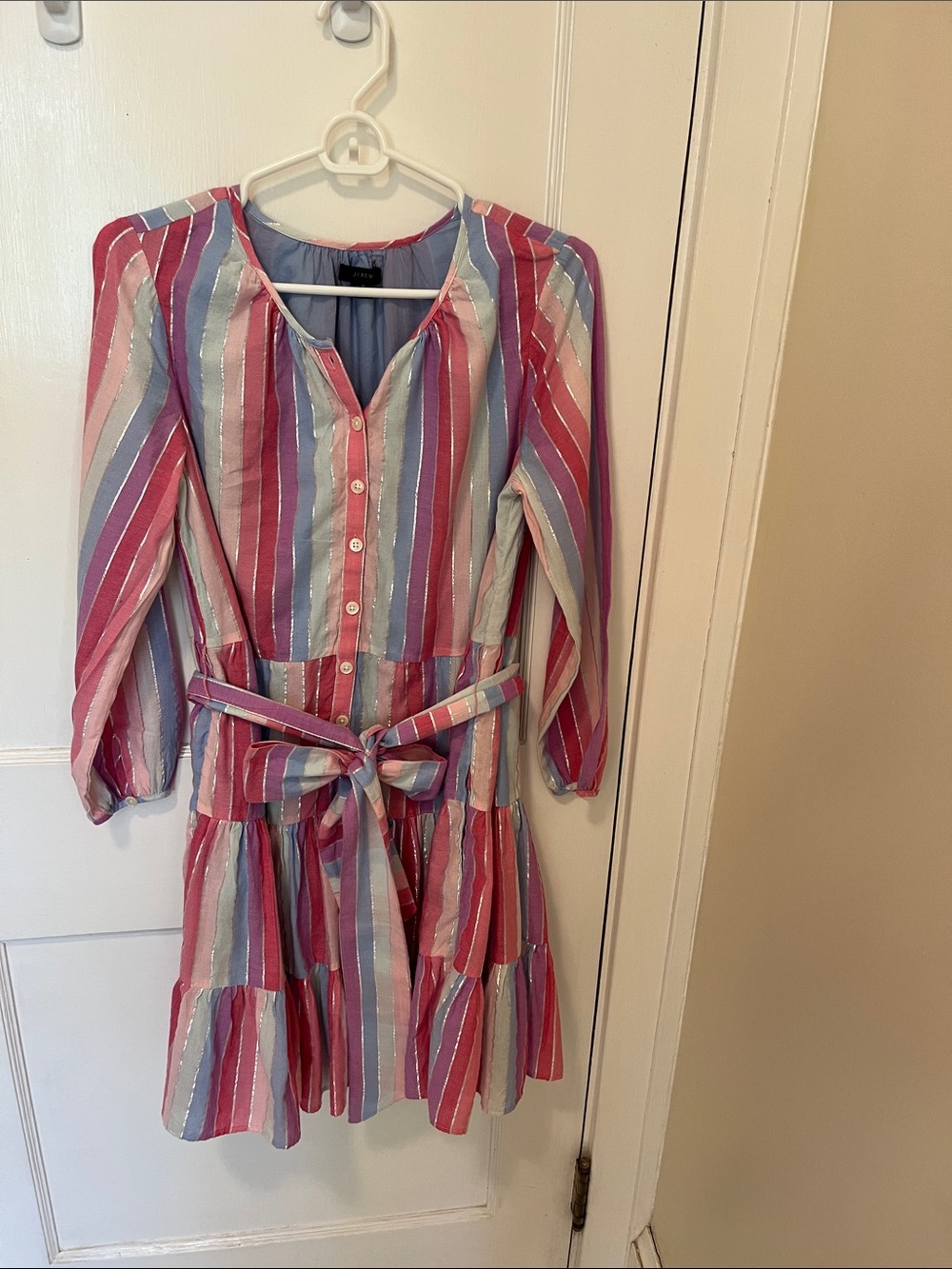 J. Crew Pink, Blue, Purple & Cream Striped Tiered Button Dress